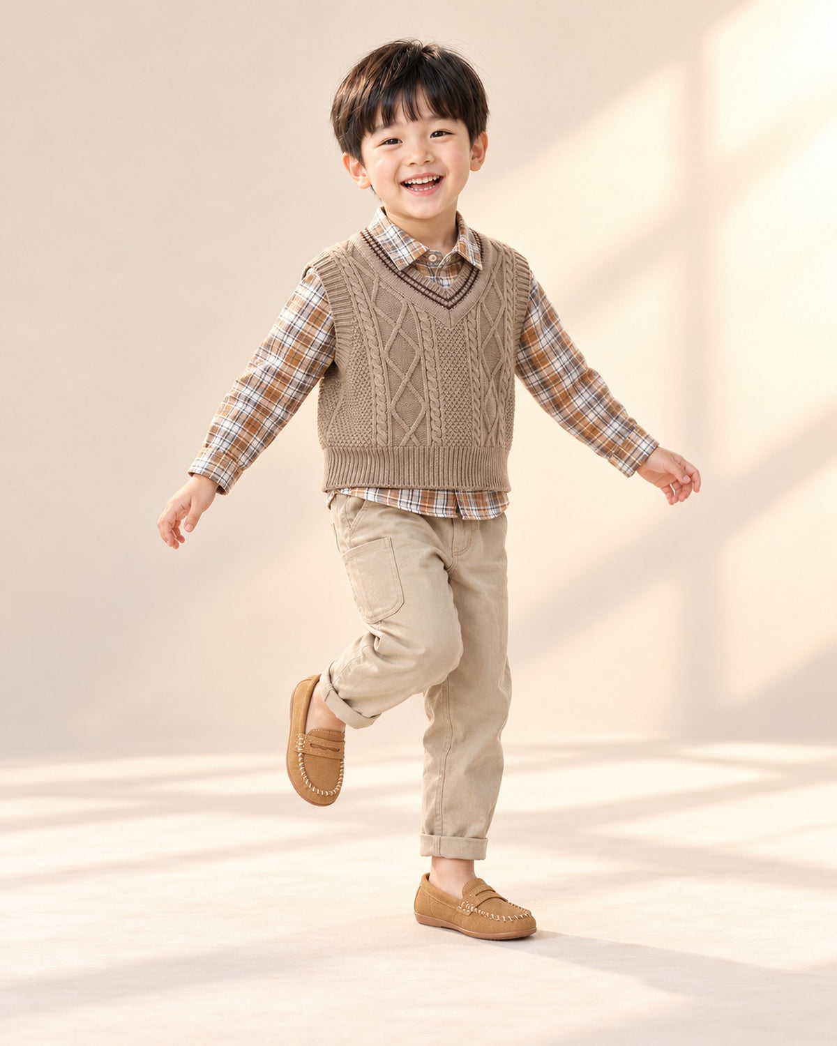 Boy in the cable vest set and tan loafers, head to toe – Tan