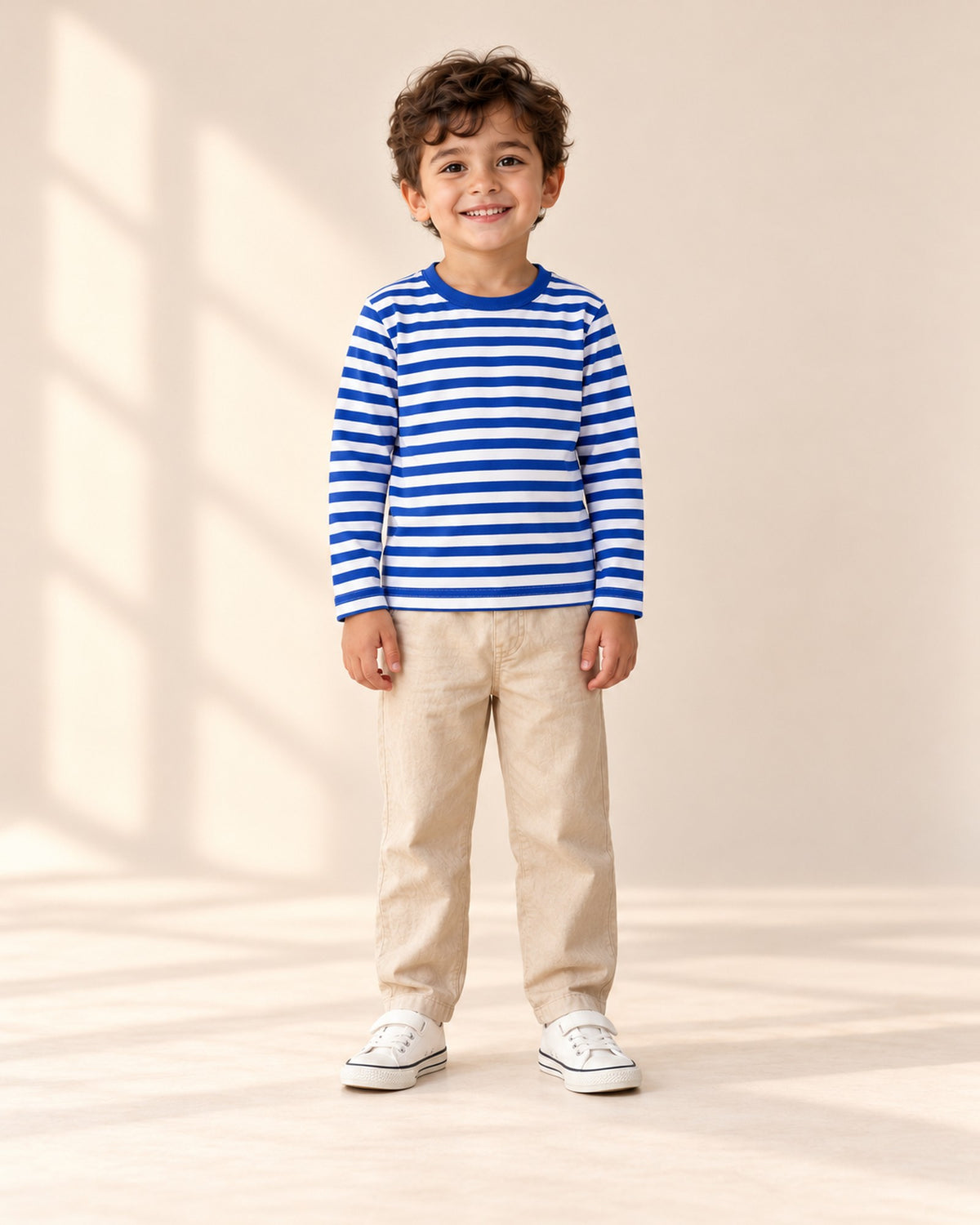 Front view of a child in a Breton stripe tee, beige pants and white canvas sneakers, full length – White