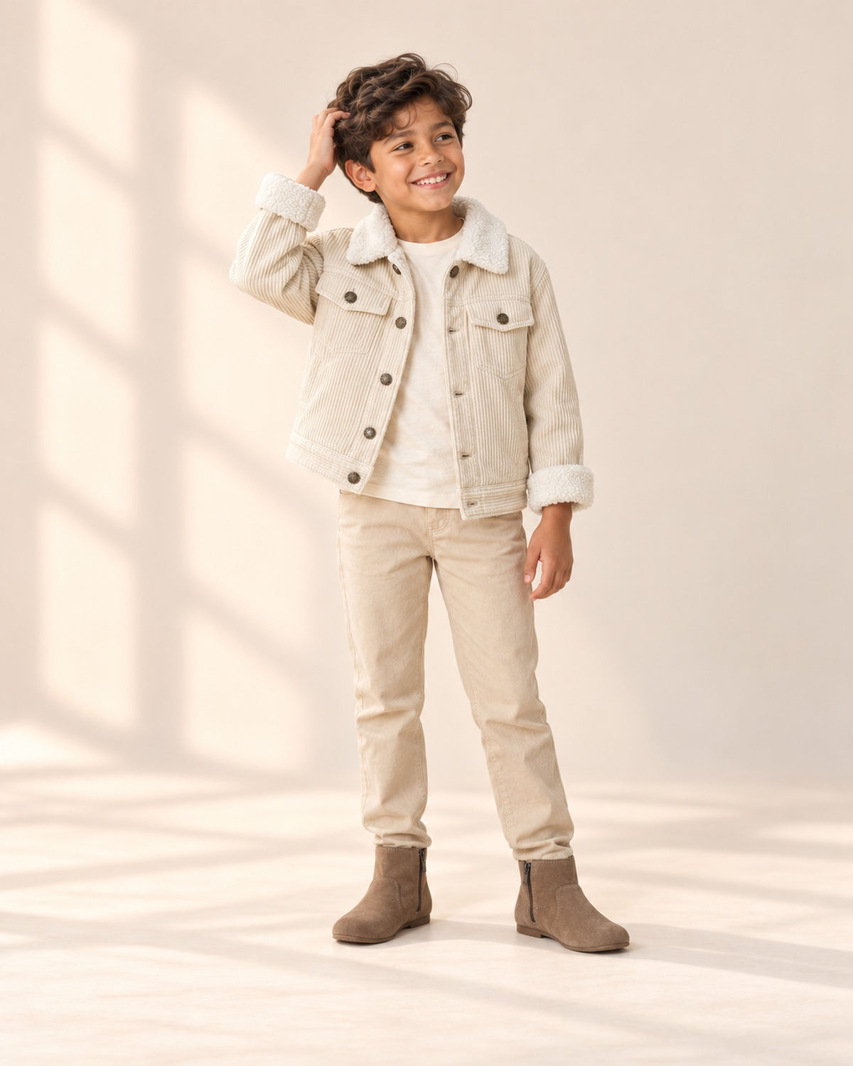 Front view of a boy in a cream corduroy sherpa jacket, beige pants and taupe-brown ankle boots, full length – Brown