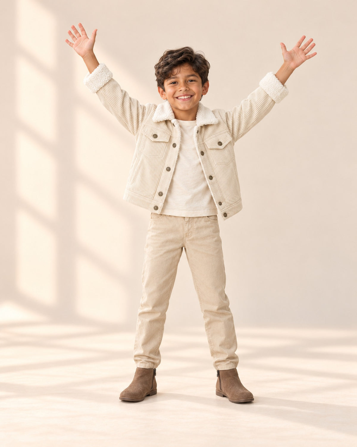 Boy walking in the cream sherpa jacket and brown ankle boots – Brown