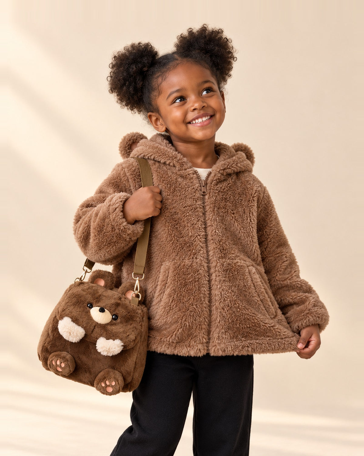 Brown plush teddy bear bag with a cream muzzle and pink paw pads