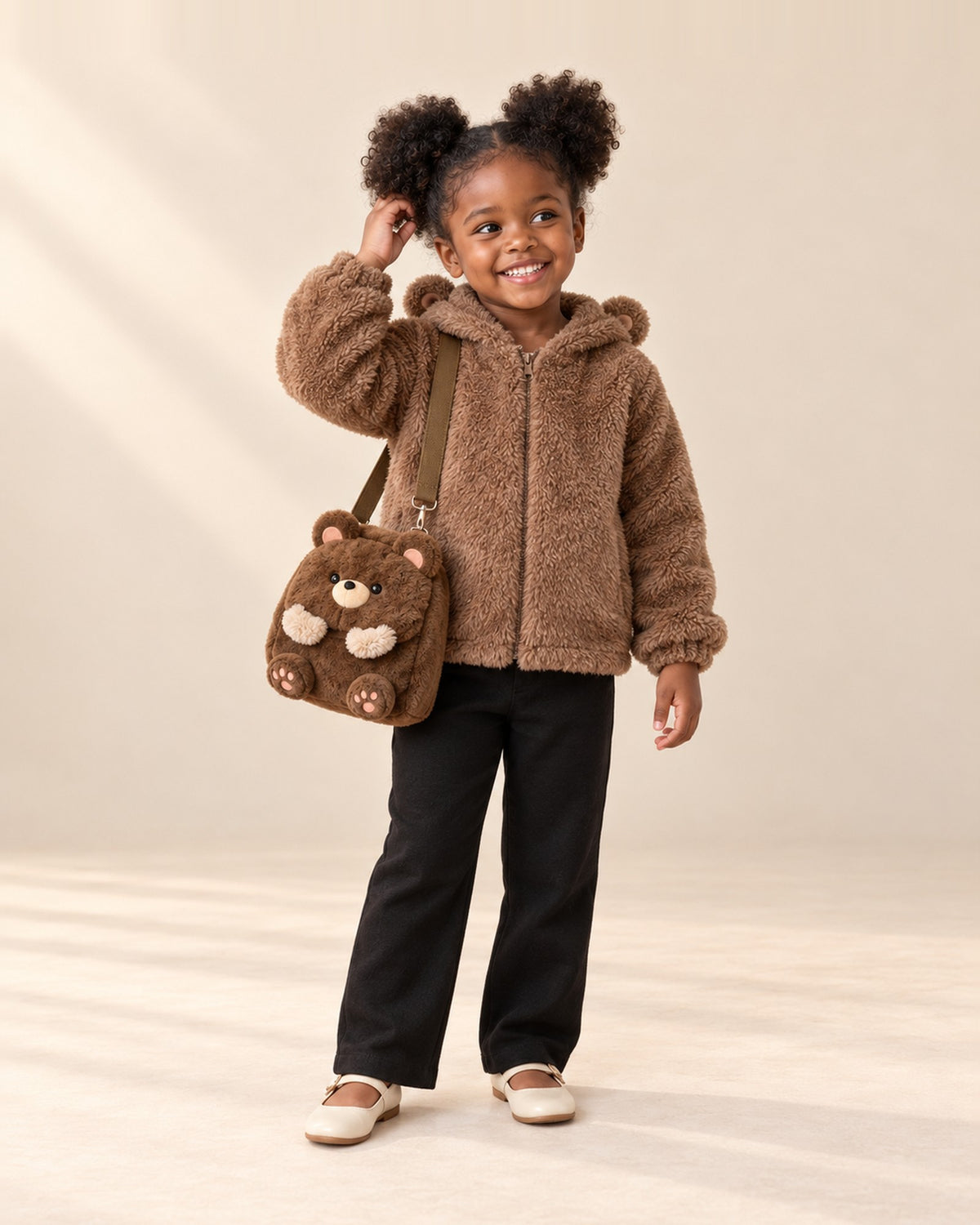Front view of a girl in a bear ear faux fur jacket carrying the brown teddy bear bag, full length – Brown