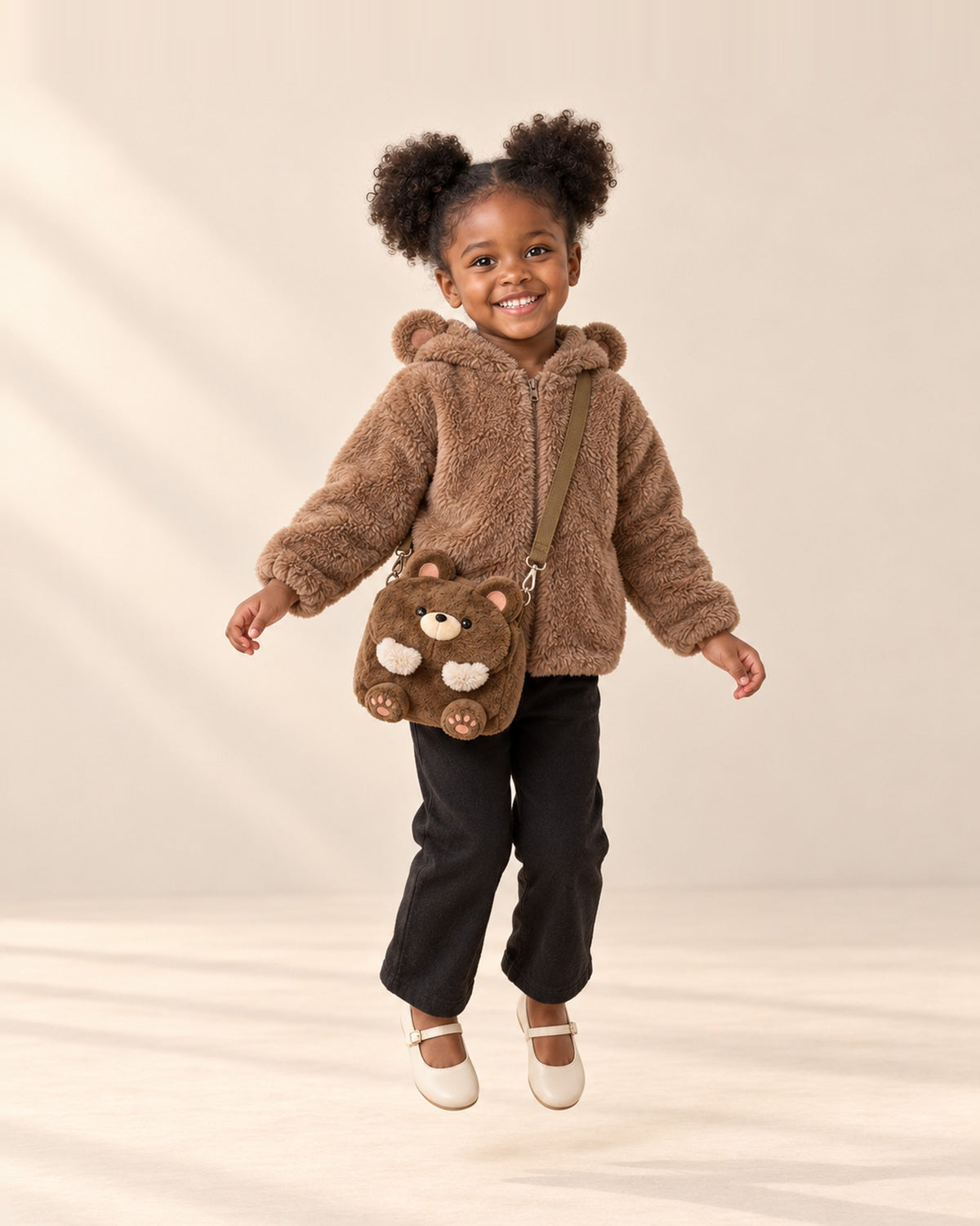 Girl with the plush bear bag over her shoulder in the faux fur jacket, head to toe – Brown