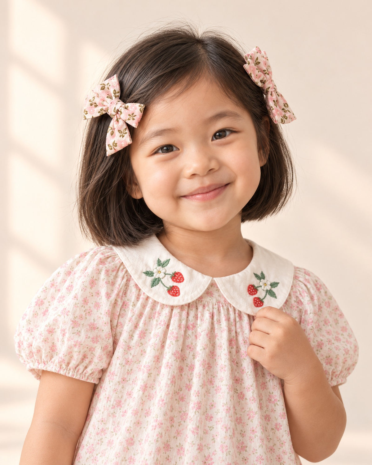 Three pink fabric hair bows on clips in floral, gingham and plain pink – Pink Floral