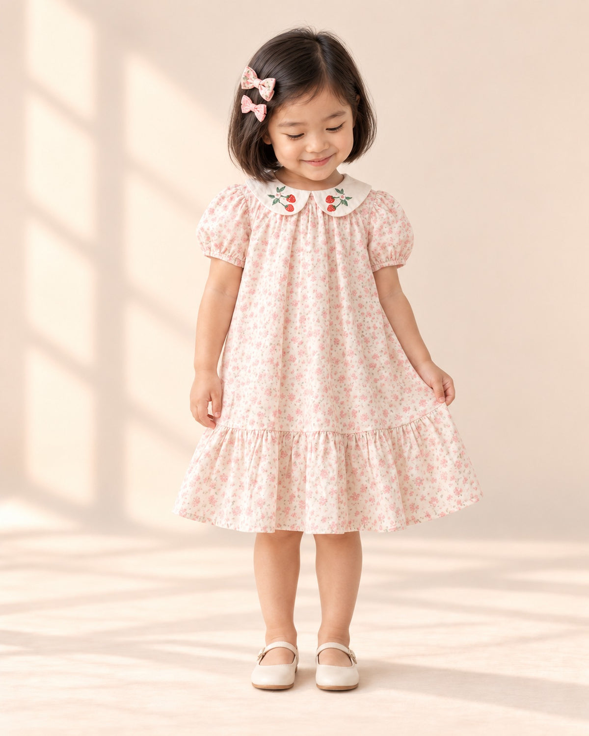 Front view of a girl in a strawberry collar floral dress with pink bow clips in her hair, full length – Pink Floral