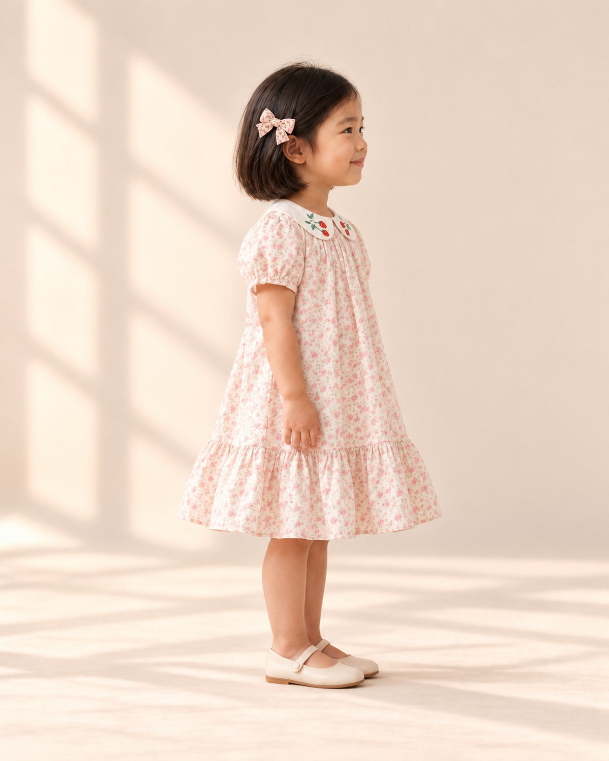 Side view of the pink floral bow clipped above the ear with the floral dress – Pink Floral