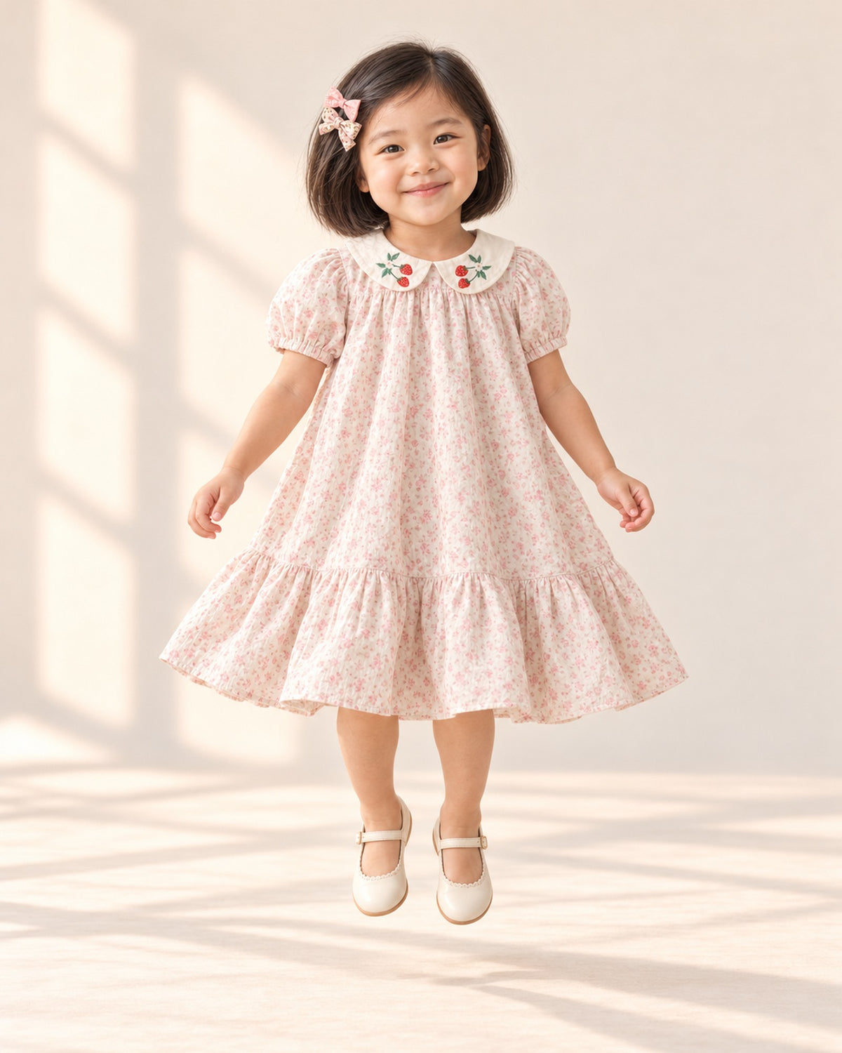 Girl wearing the pink hair bows and strawberry collar dress, head to toe – Pink Floral
