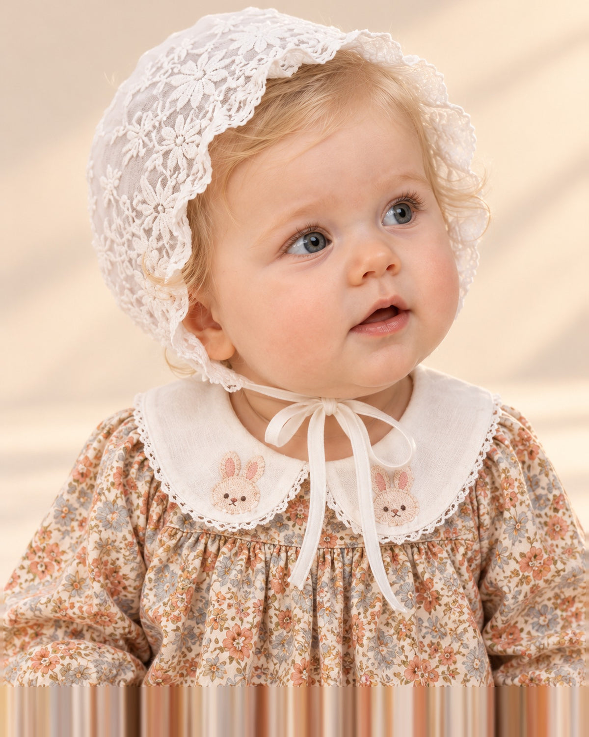 White floral lace baby bonnet with a ruffled brim and ribbon ties