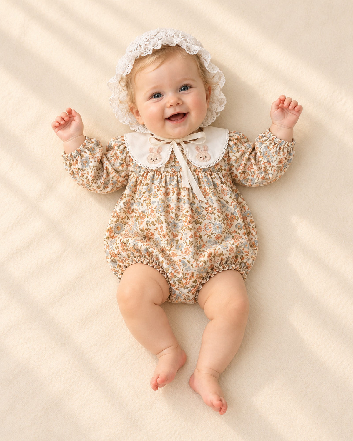 Front view of a baby in a bunny collar bubble romper and the white lace bonnet, full length – White