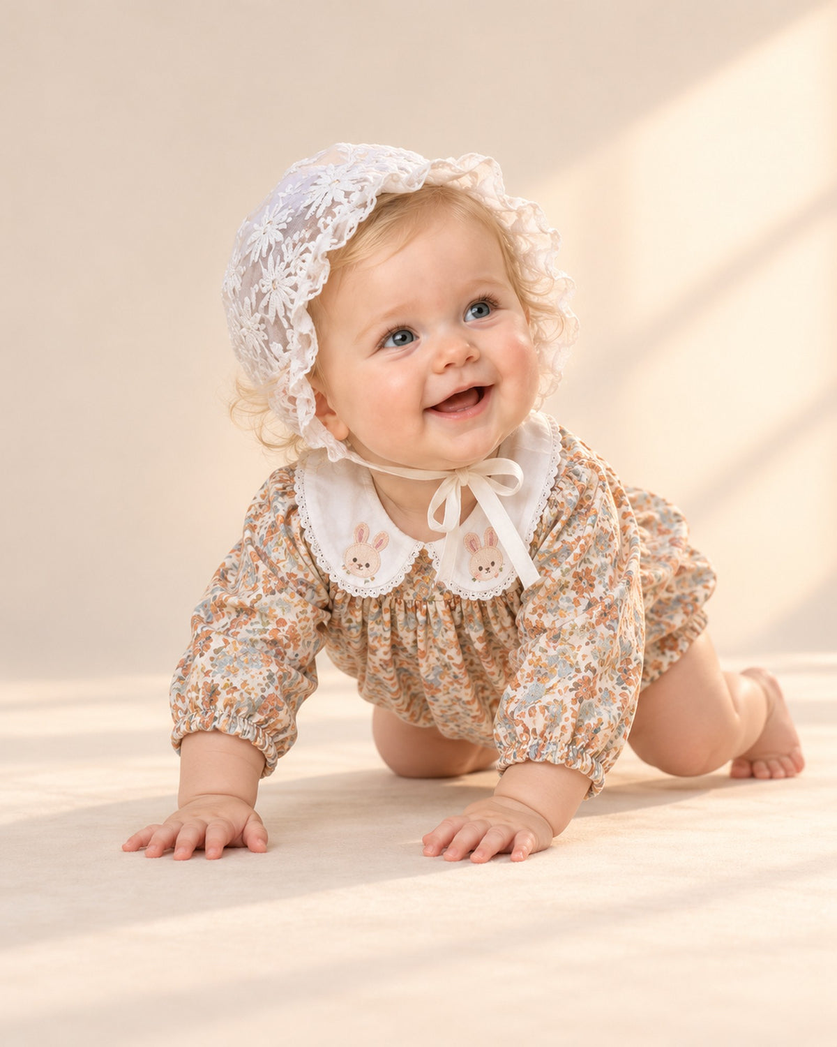 Baby in the lace bonnet and bunny collar romper, head to toe – White