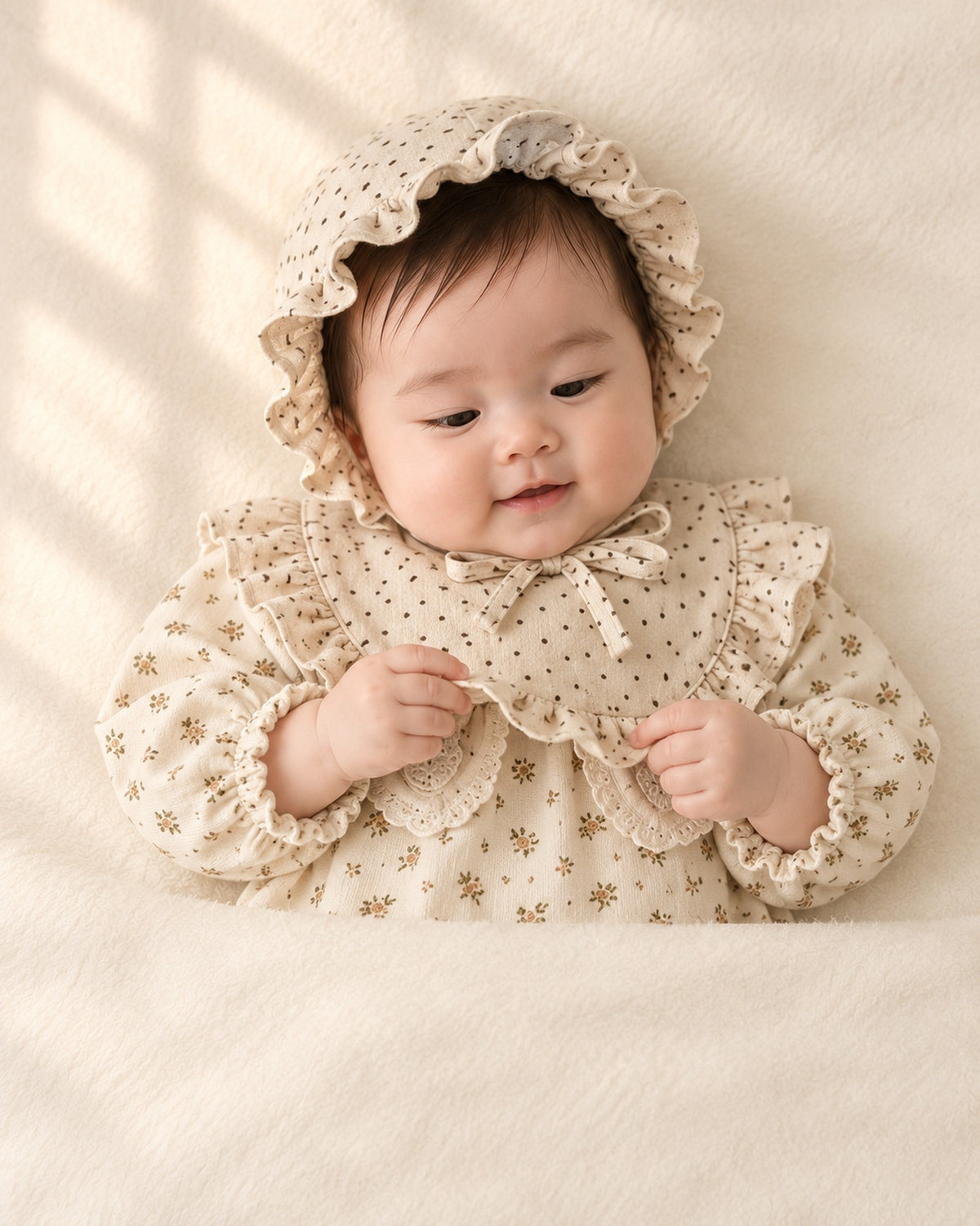 Cream polka-dot baby bonnet and matching ruffle bib – Cream Dot