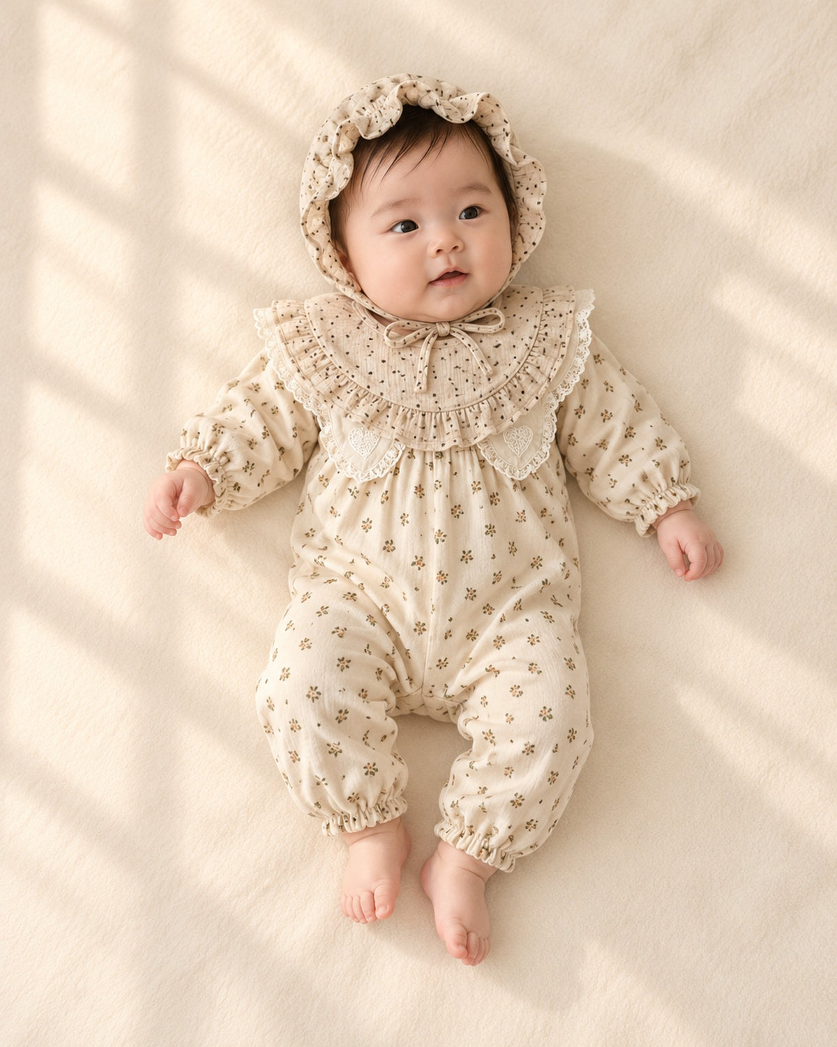 Front view of a baby in a ruffle collar floral romper with the polka-dot bonnet and bib, full length – Cream Dot
