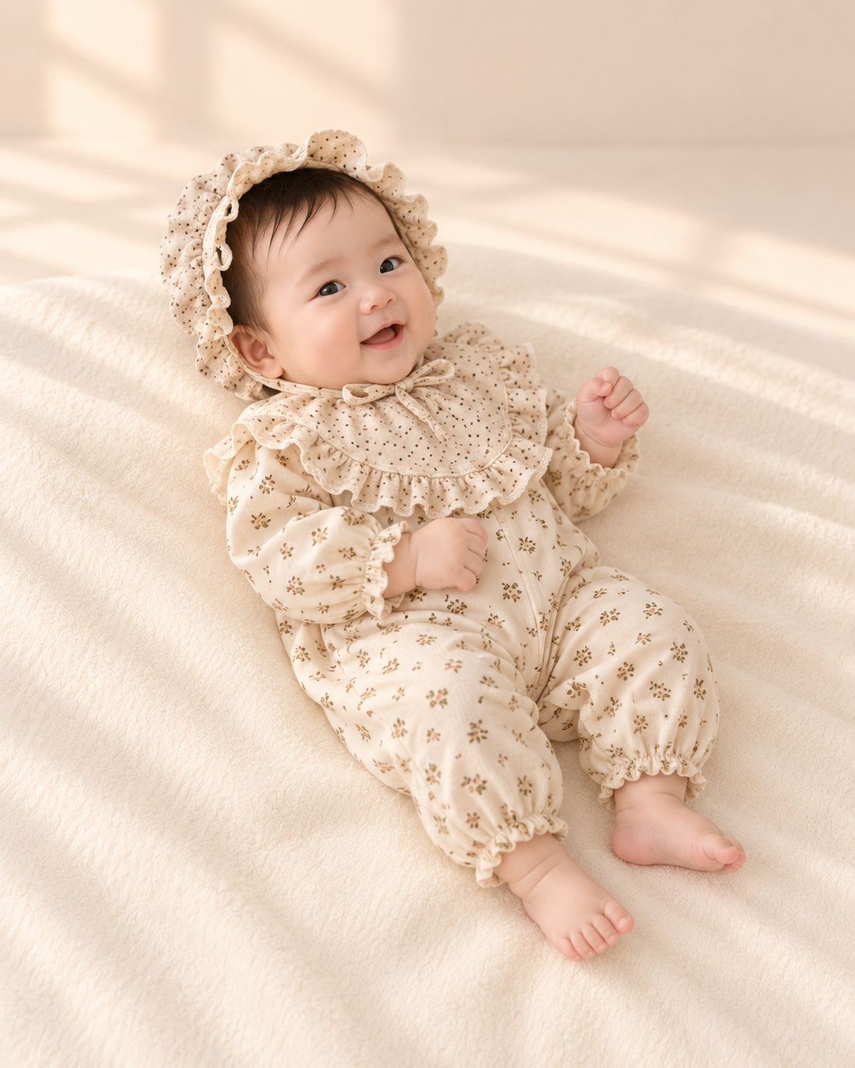 Side view of the polka-dot bonnet's ruffled brim and tie with the floral romper – Cream Dot