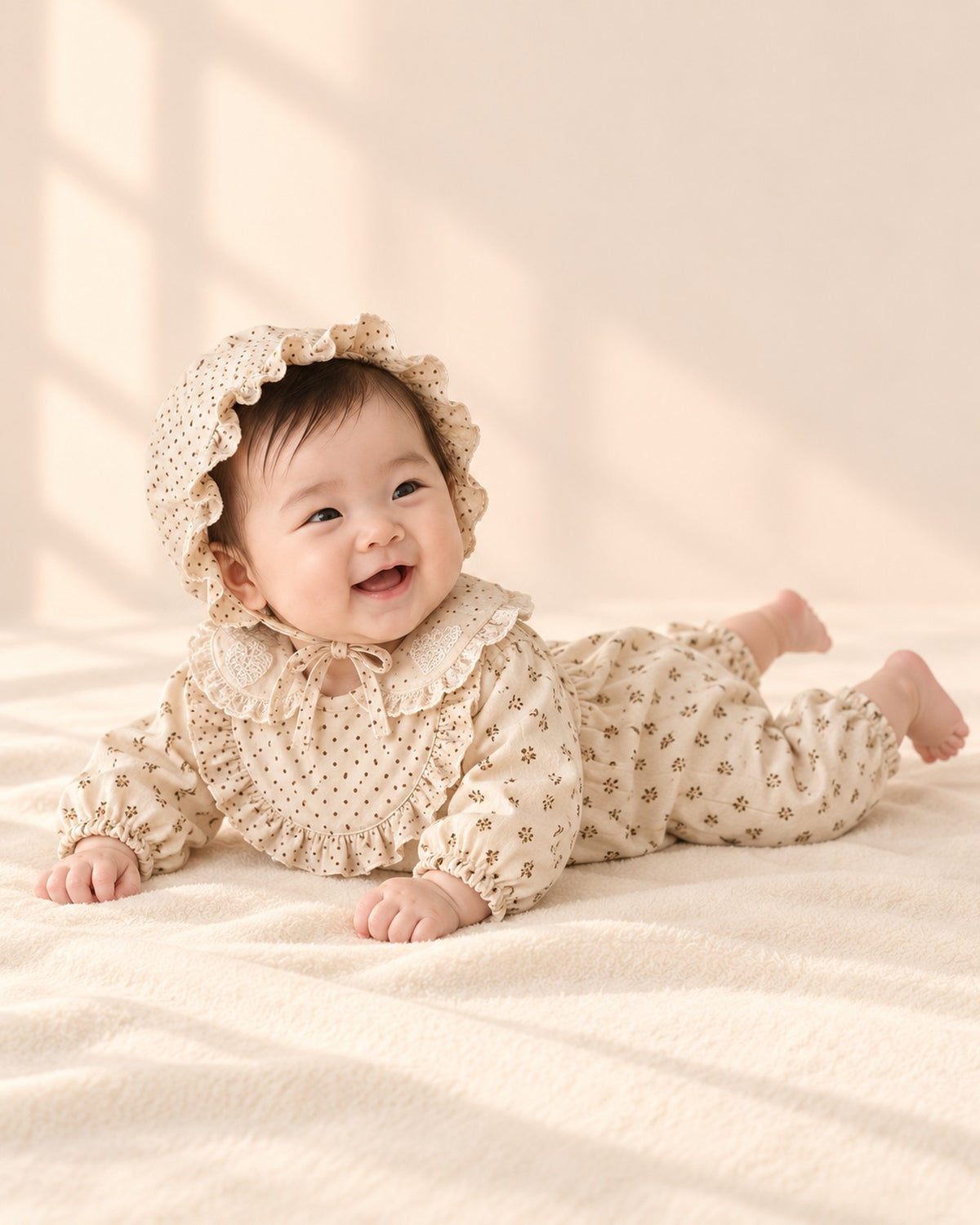 Baby in the floral romper wearing the polka-dot bonnet and bib, head to toe – Cream Dot