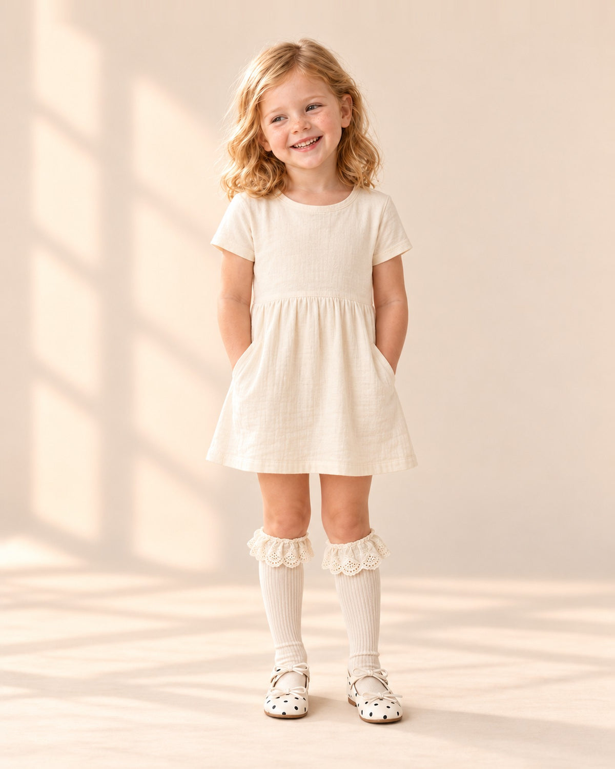Front view of a girl in a plain cream dress, cream ruffle socks and polka dot Mary Janes, full length – Cream