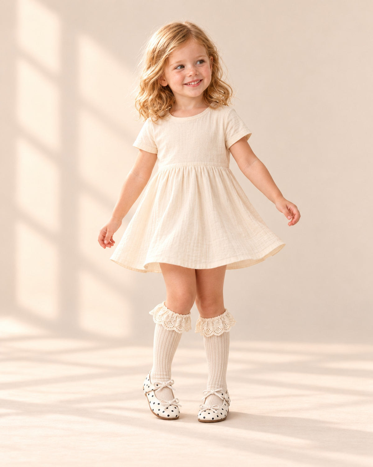 Girl in a cream dress with lace ruffle socks and polka dot shoes, head to toe – Cream
