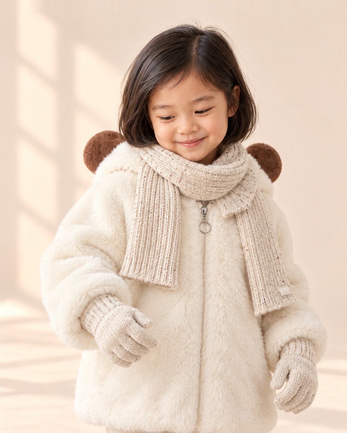 Head-and-shoulders view of a girl in the oatmeal rib knit scarf with matching gloves – Oatmeal