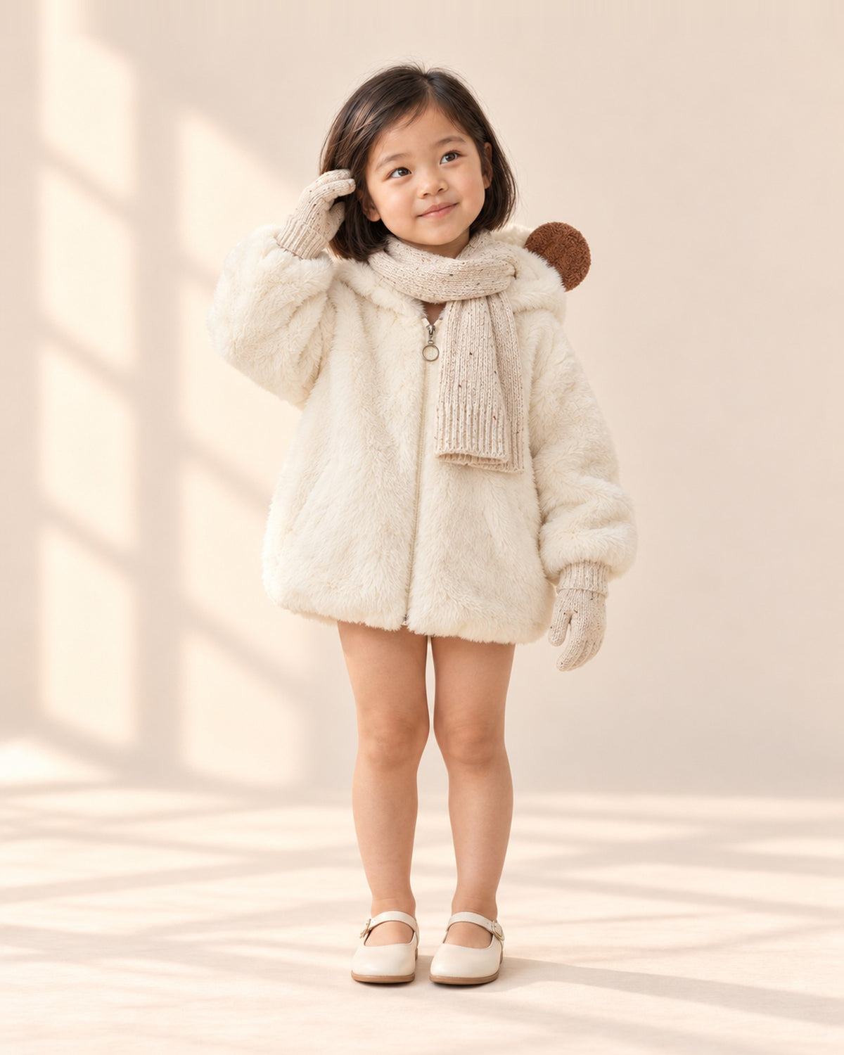 Front view of a girl in a cream bear ear coat with the oatmeal scarf and gloves, full length – Oatmeal