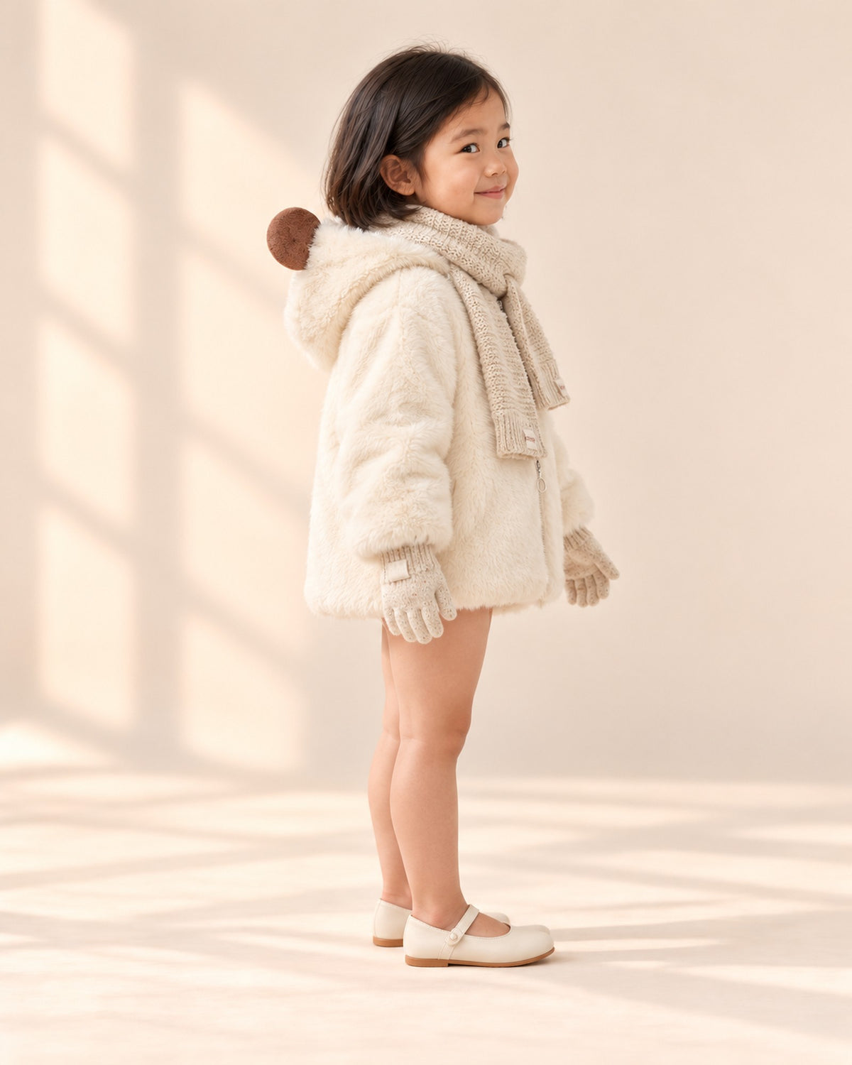 Side view showing the scarf wrapped around the neck and the ribbed glove cuff – Oatmeal