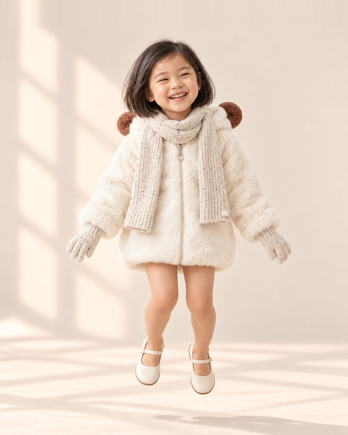 Girl holding her gloved hands together in the cream coat and oatmeal scarf – Oatmeal