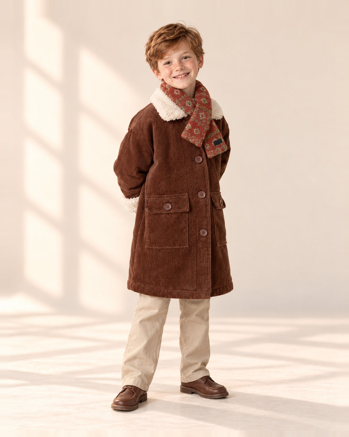 Head-and-shoulders view of a boy in the rust retro diamond knit scarf – Rust