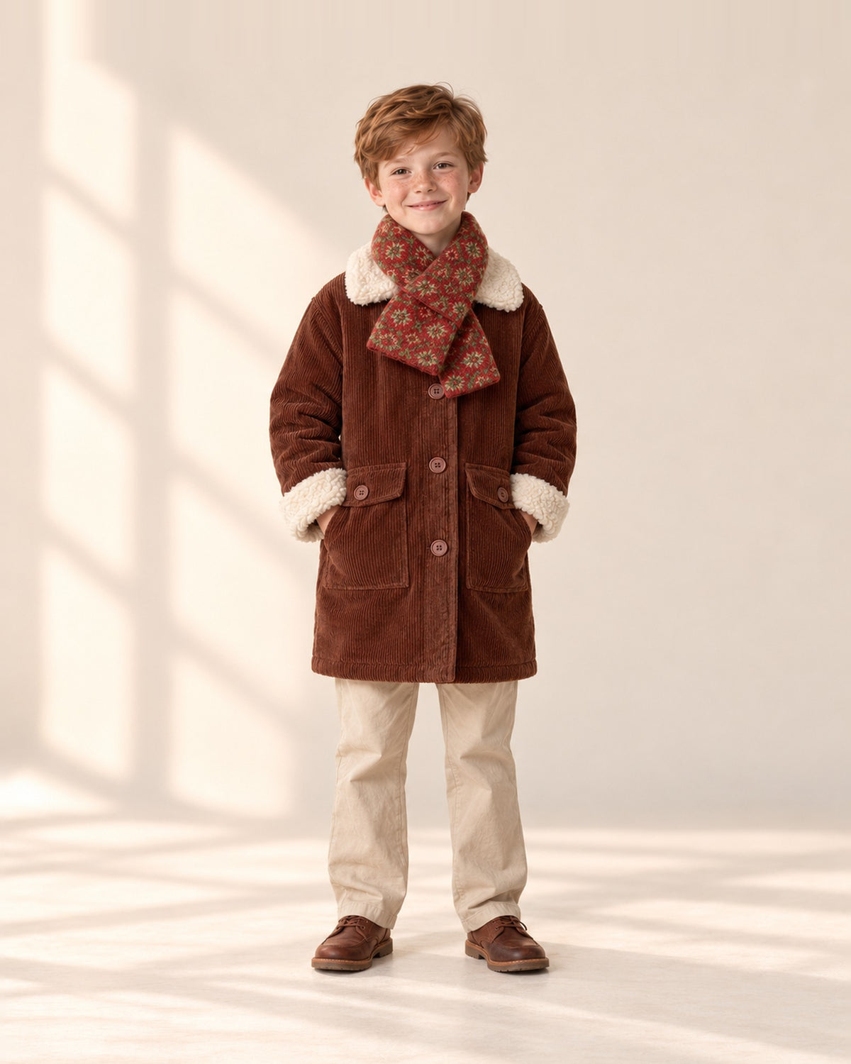 Front view of a boy in a chocolate corduroy coat with the rust scarf, full length – Rust