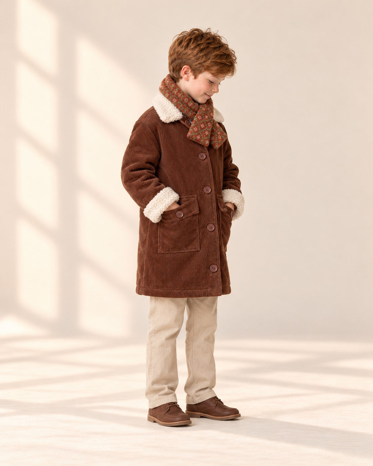 Side view showing the loop-through scarf tucked into the coat collar – Rust