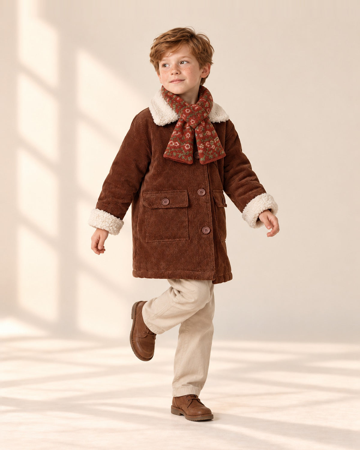 Boy walking with his hands in his pockets, wearing the rust diamond scarf – Rust
