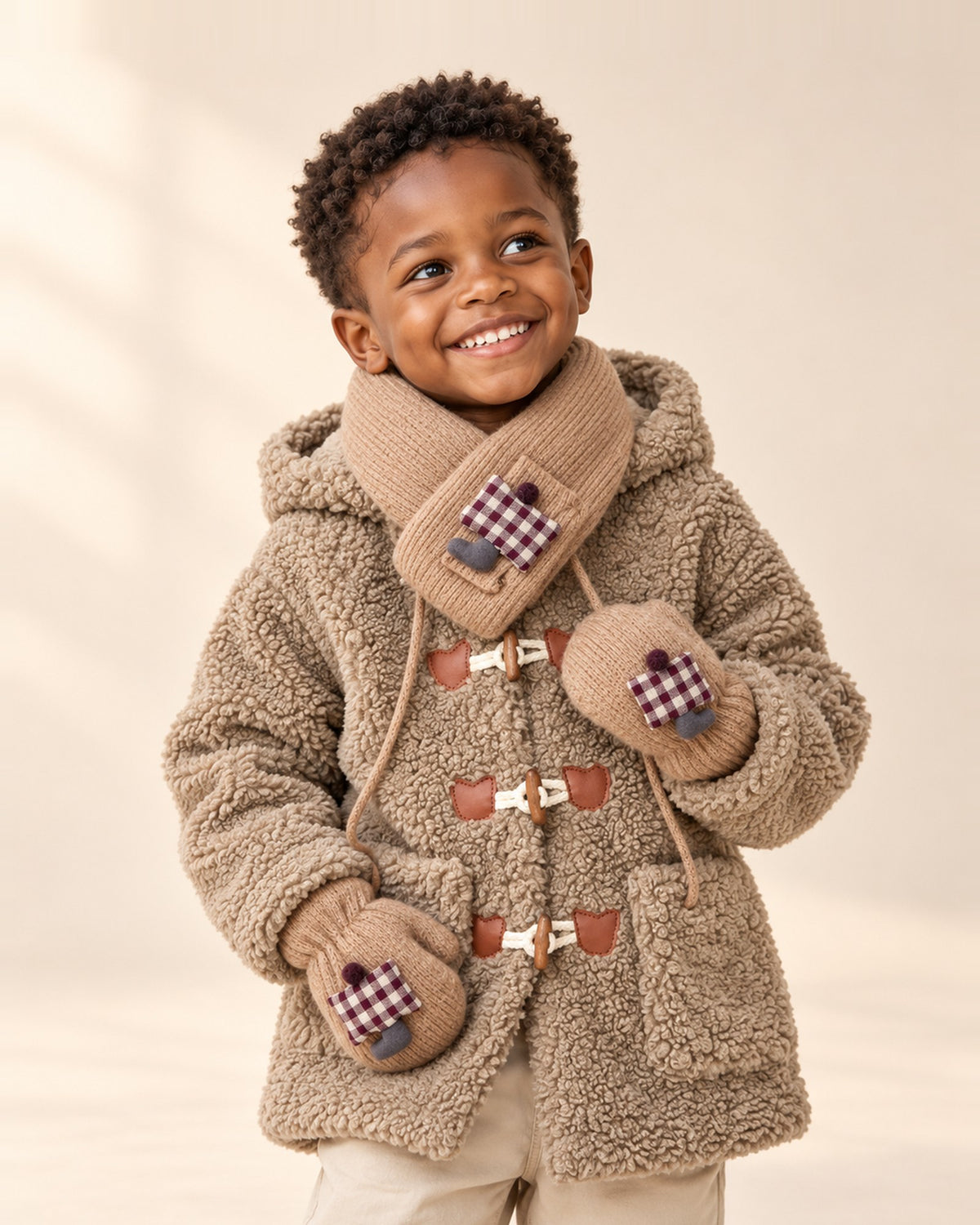 Head-and-shoulders view of a toddler in the camel neck warmer with a plaid mushroom – Camel