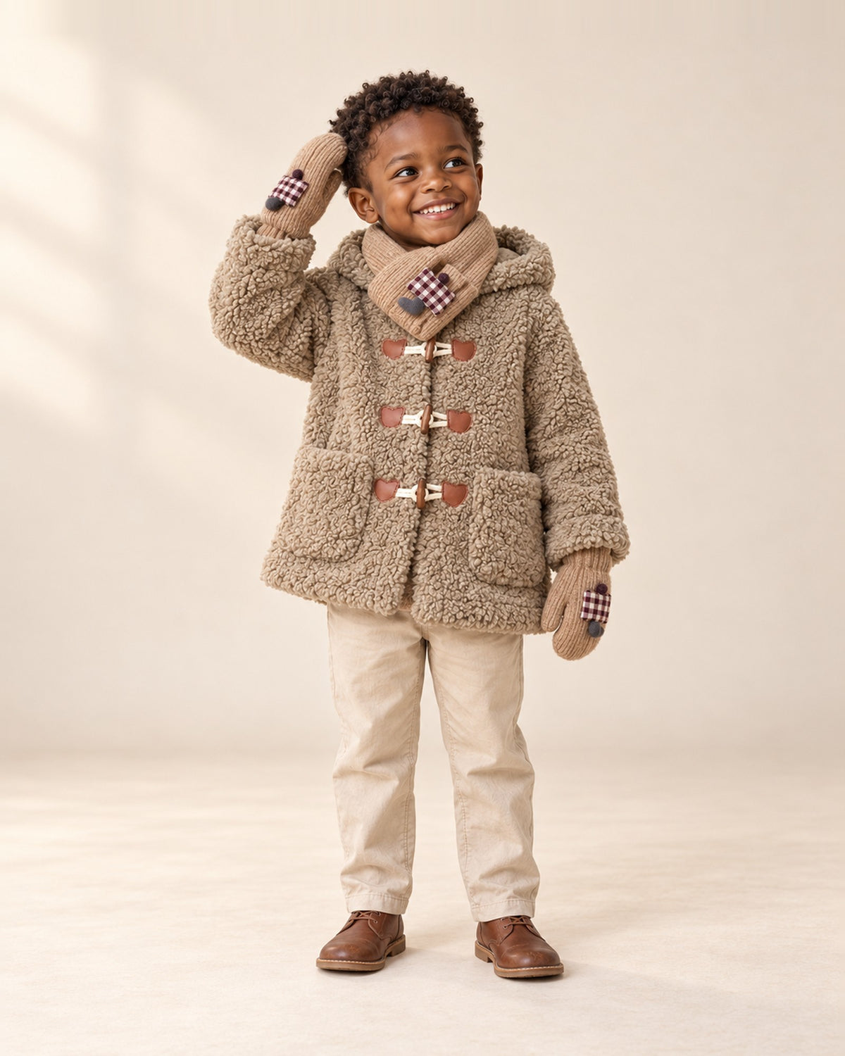 Front view of a toddler in a taupe sherpa duffle coat with the camel neck warmer and mittens, full length – Camel