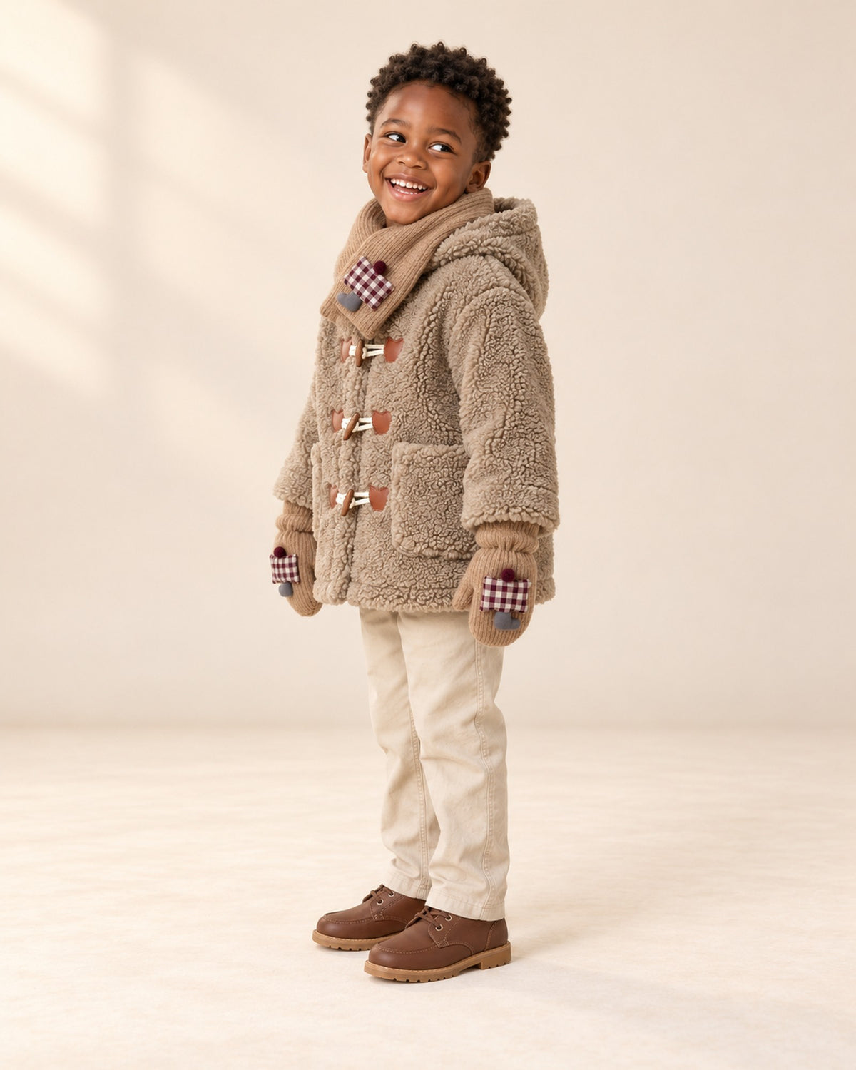 Side view showing the loop-through neck warmer and the string mittens – Camel