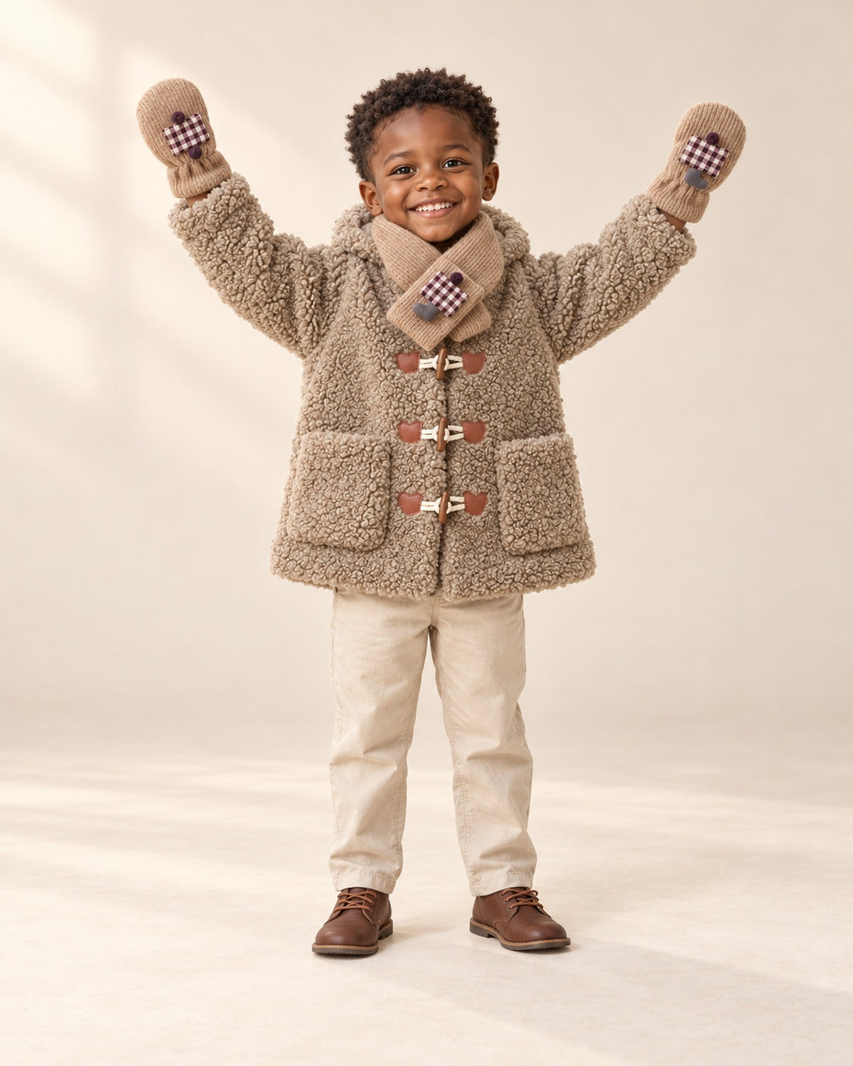 Toddler holding up mittened hands with the plaid mushroom on each – Camel