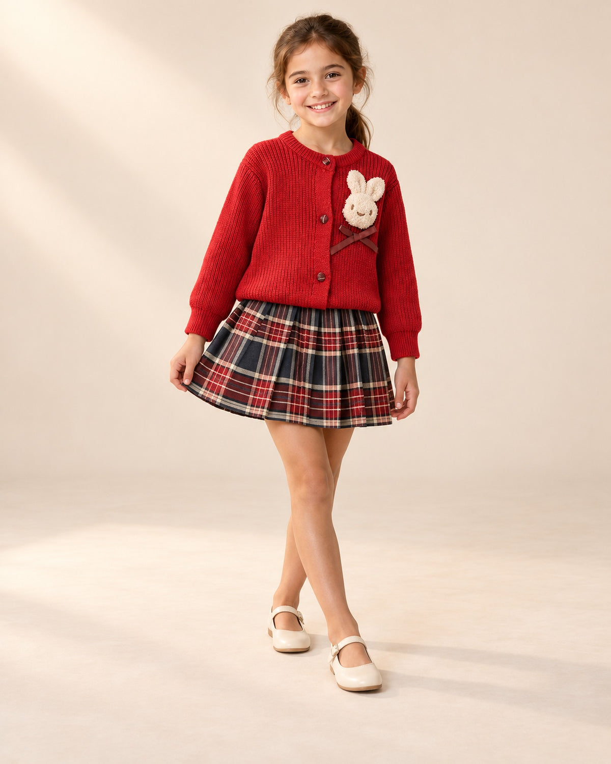 Girl smiling in the red bunny cardigan set – Red