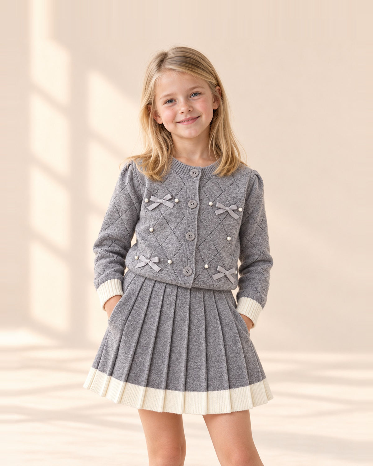 Girl in the Margot gray knit cardigan with pearls and a pleated skirt – Grey