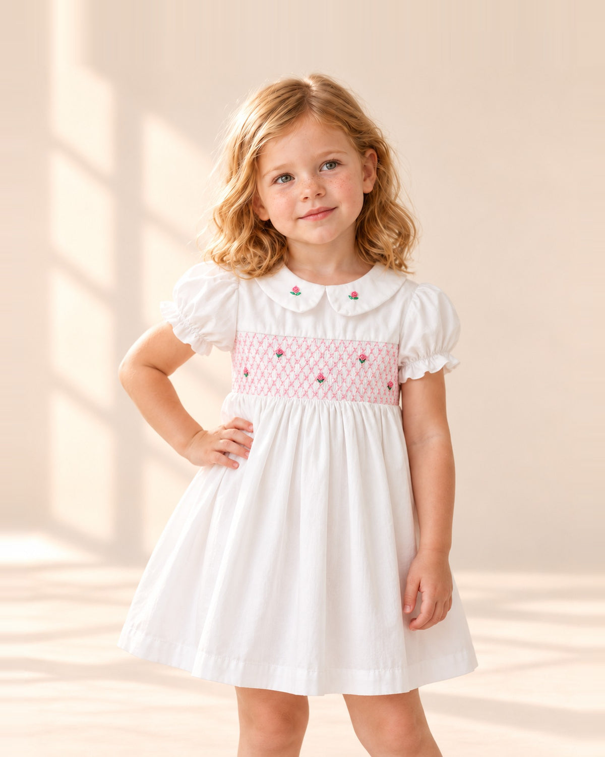 Girl in the Clara white smocked dress with pink rosebud details – White