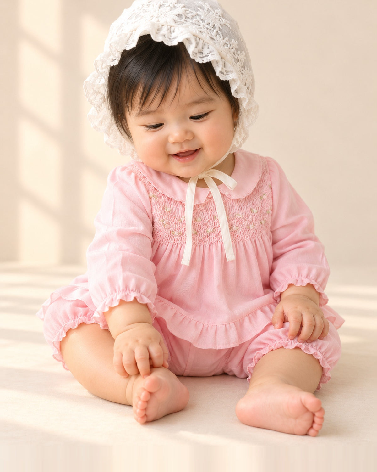 Pink smocked baby top with a Peter Pan collar and matching ruffle bloomers