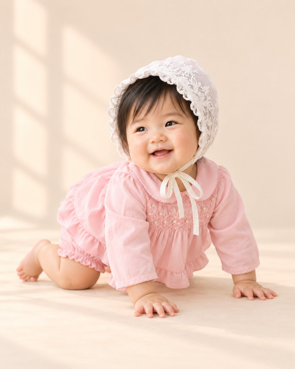 Baby in the pink smocked set and lace bonnet, head to toe – Pink