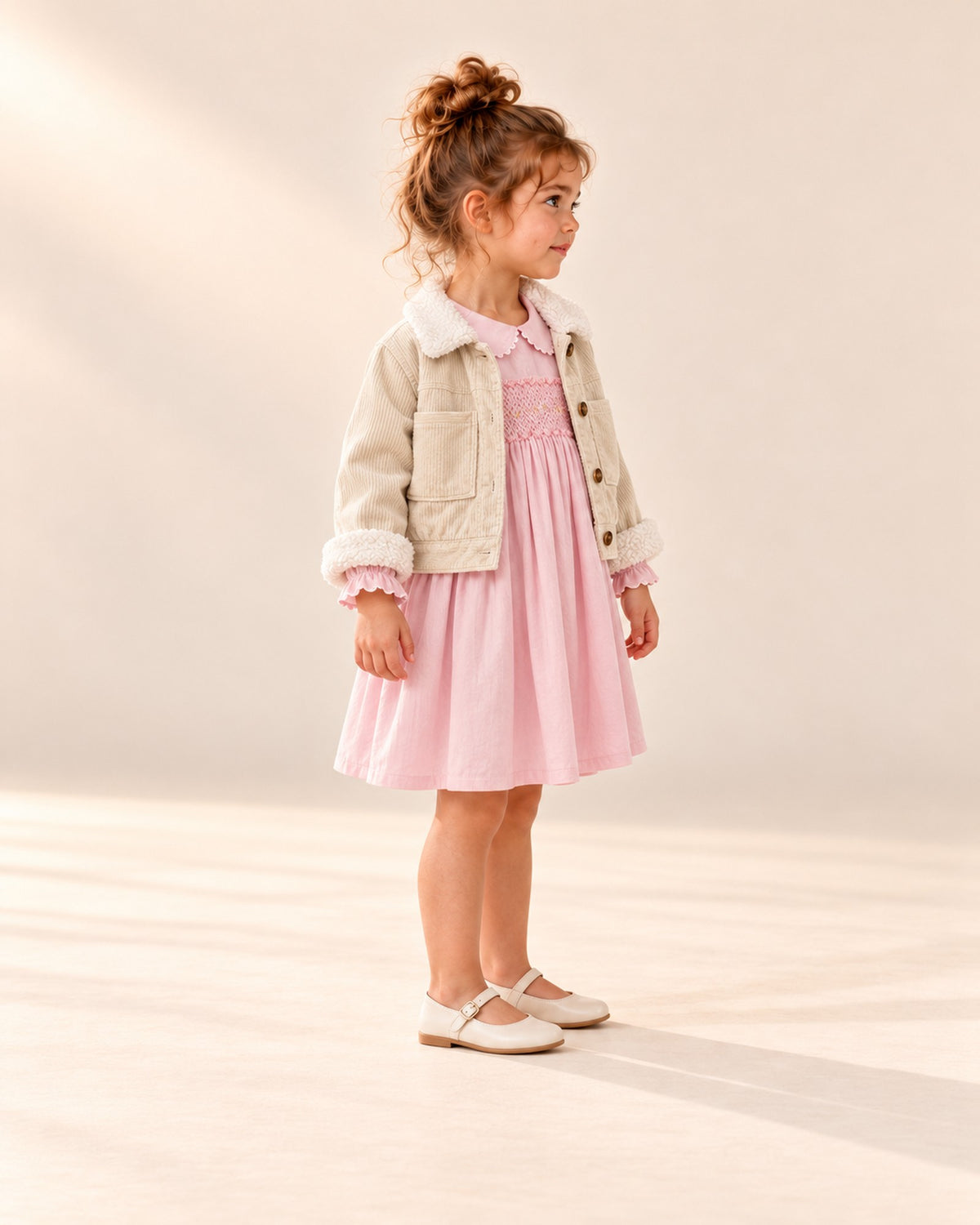 Side view of the pink long-sleeve smocked dress worn with the cream corduroy sherpa jacket – Pink