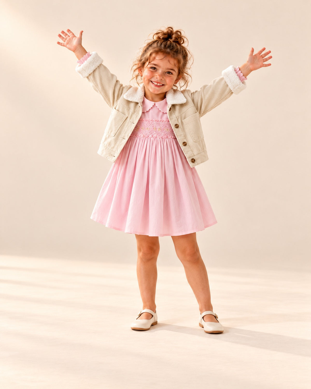 Girl at play in the pink long-sleeve smocked dress, styled with the cream corduroy sherpa jacket – Pink