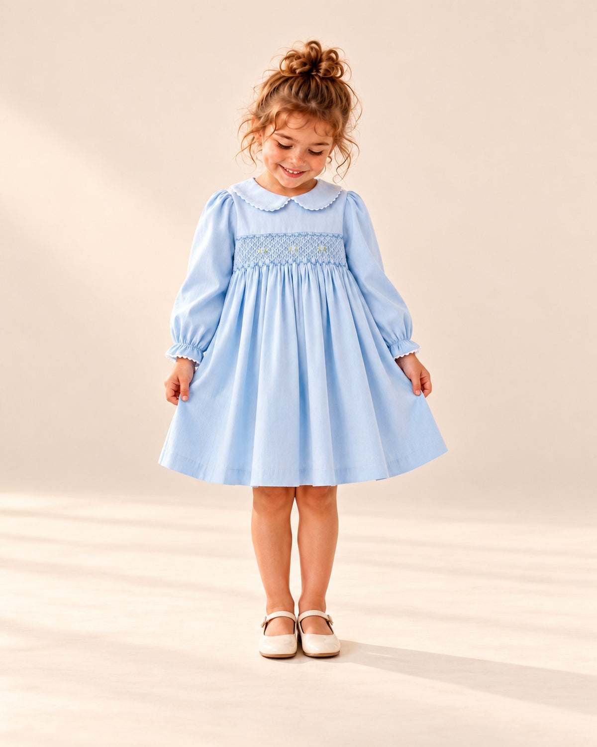 Penny Scalloped Smocked Dress in Light Blue – full front view