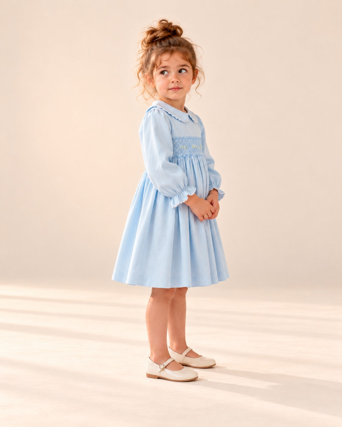 Penny Scalloped Smocked Dress in Light Blue – side view