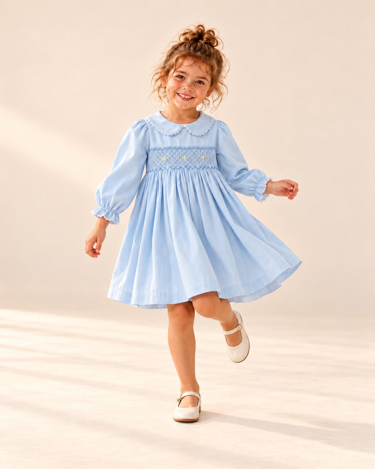 Penny Scalloped Smocked Dress in Light Blue – natural pose