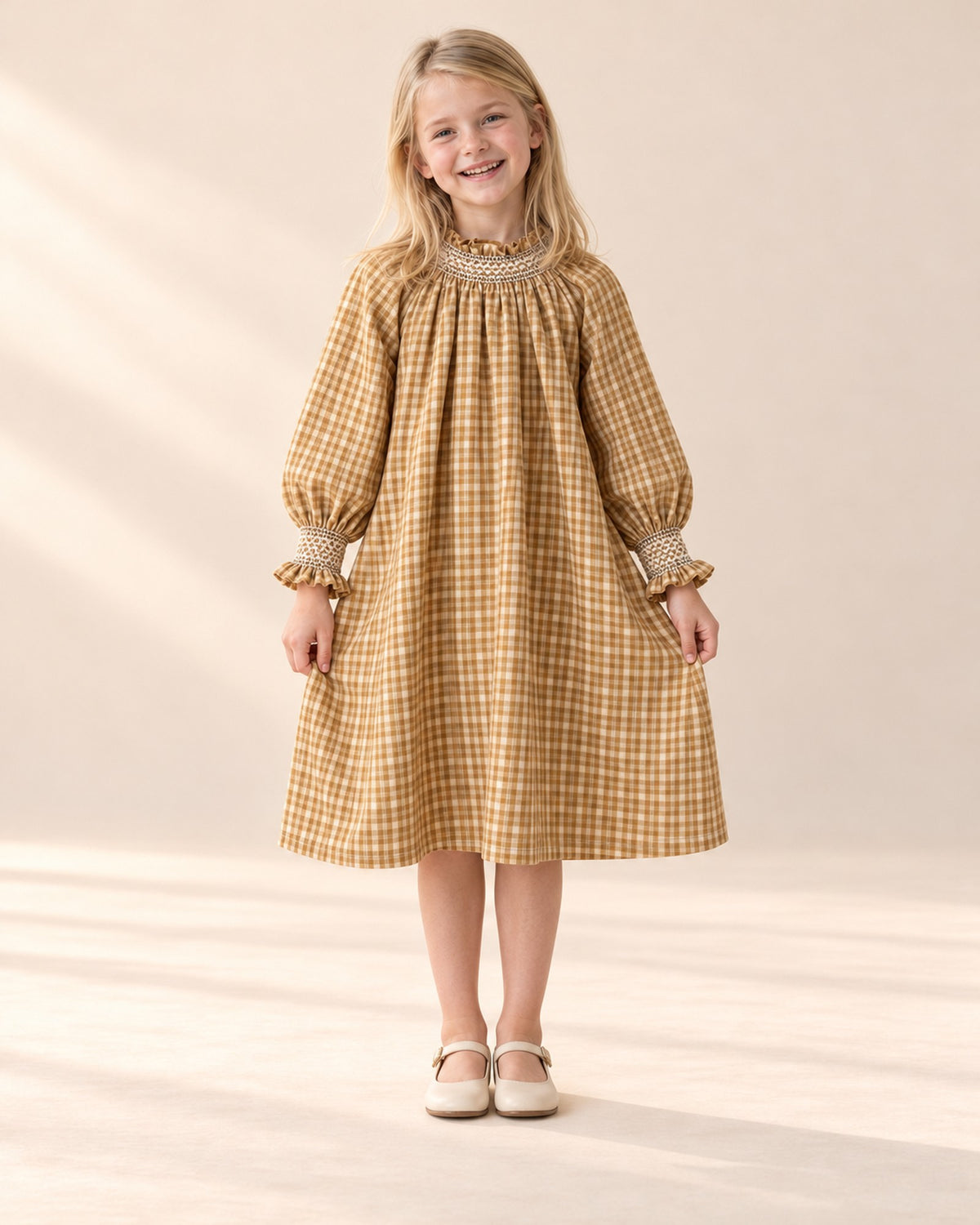 Front view of the ochre check smock dress, full length – Ochre Check
