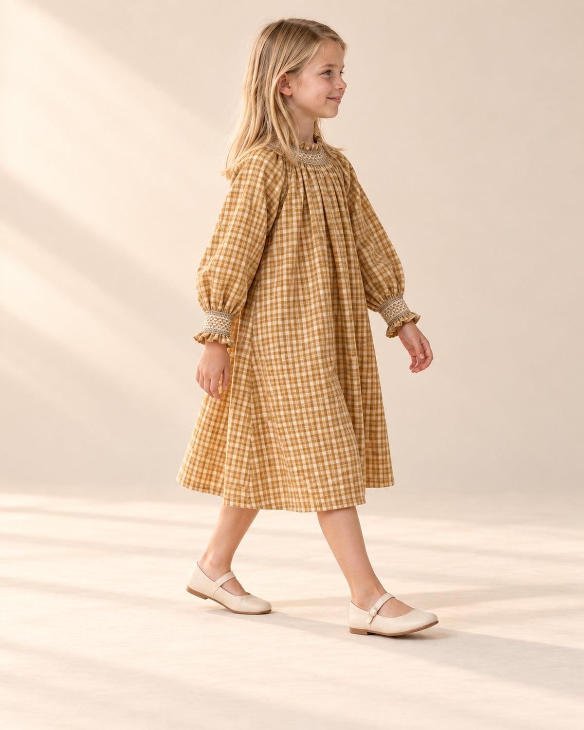 Side view showing the balloon sleeves and longer length – Ochre Check