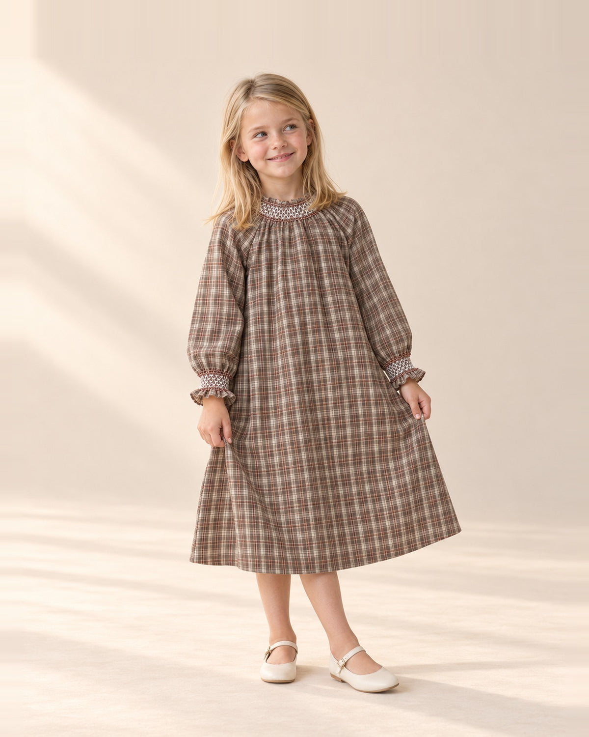 Marigold Check Smock Dress in Taupe Check – main