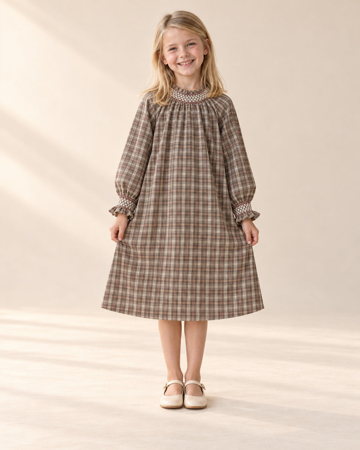 Marigold Check Smock Dress in Taupe Check – full front view