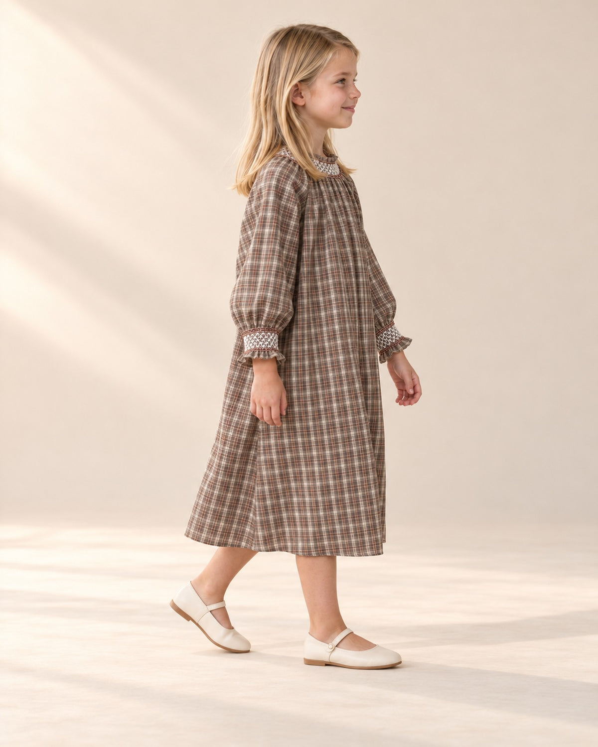 Marigold Check Smock Dress in Taupe Check – side view