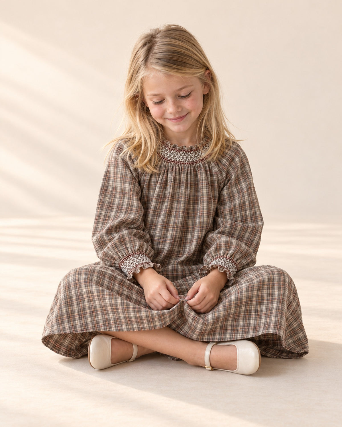 Marigold Check Smock Dress in Taupe Check – natural pose
