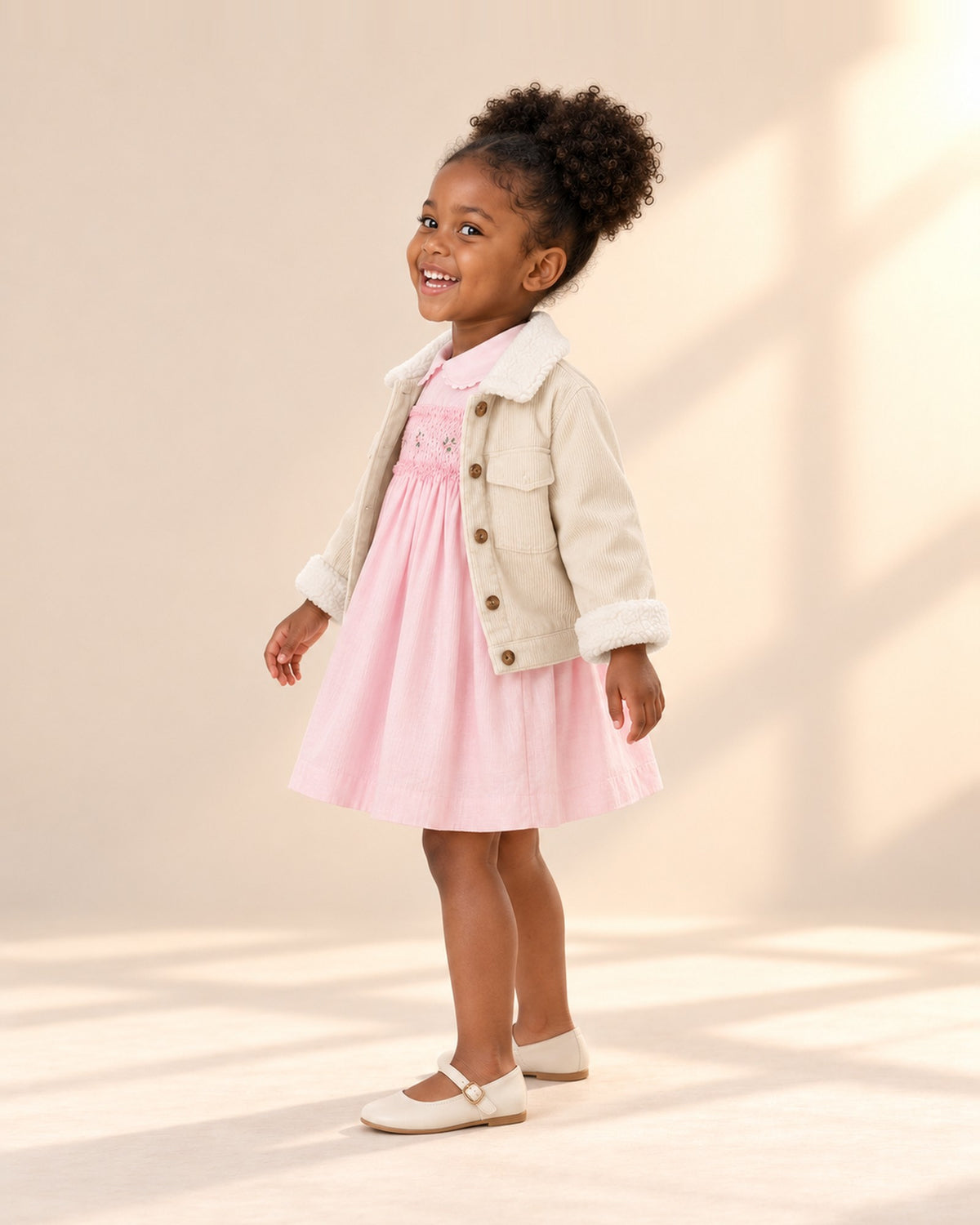 Side view of the long-sleeve embroidered smock dress worn with the cream corduroy sherpa jacket – Light Pink