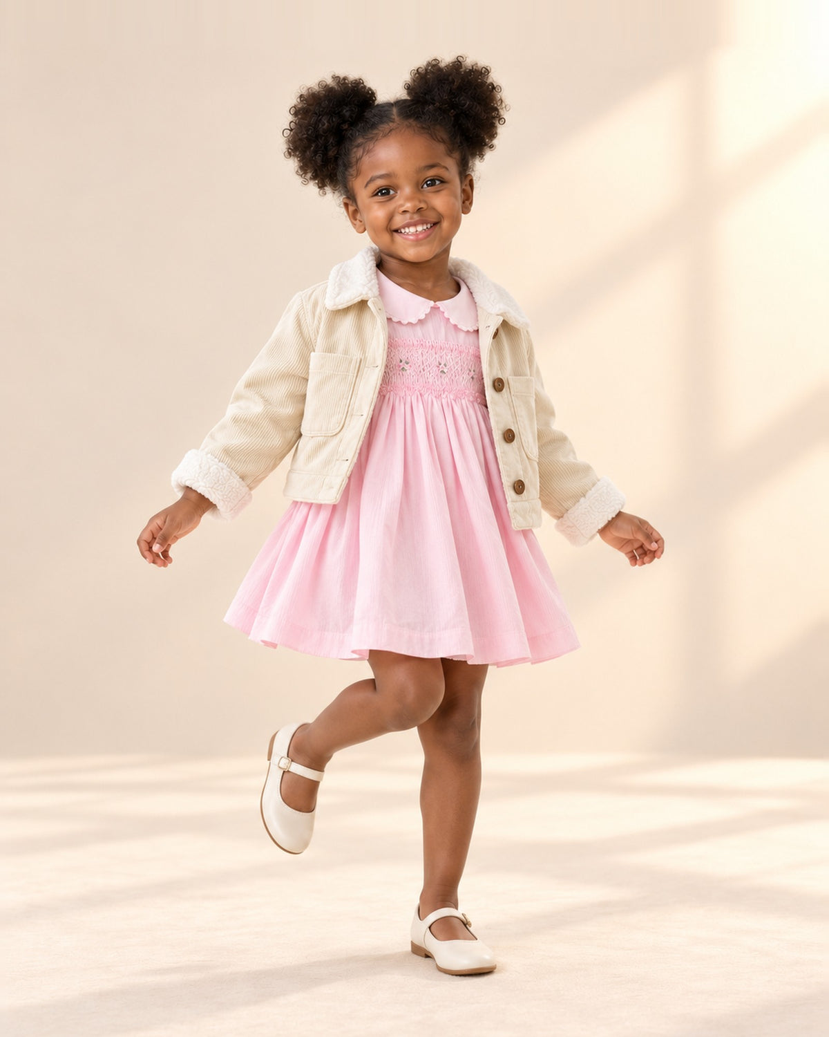 Girl at play in the long-sleeve embroidered smock dress, styled with the cream corduroy sherpa jacket – Light Pink